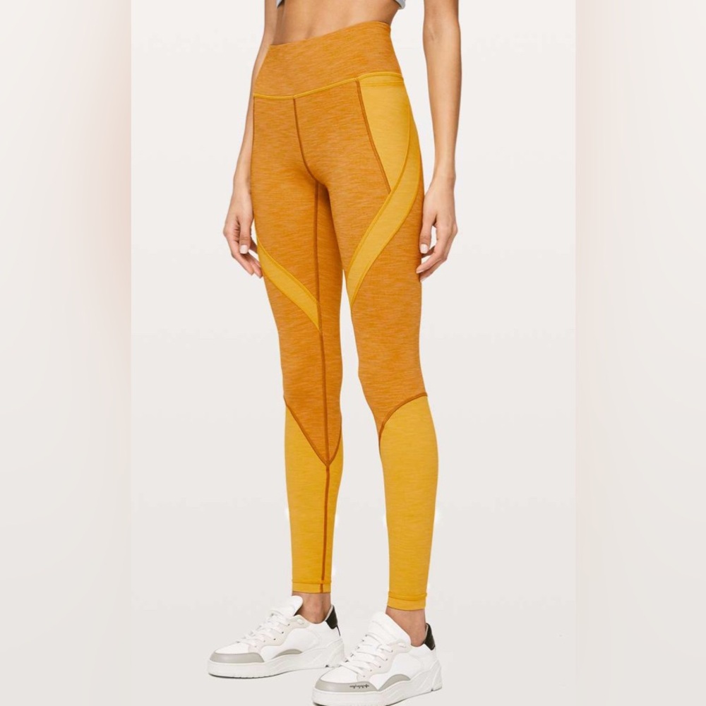 #485 Lululemon Early Extension High-Rise 28"Heathered Fools Gold/Honey Lemon Sz6